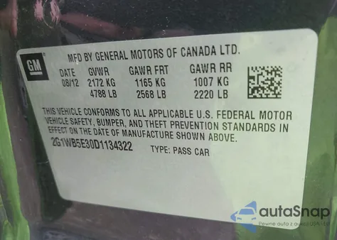 2013 Chevrolet Impala Lt z USA, uszkodzony, nr VIN 2G1WB5E30D1134322